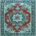 Square Machine Washable Medallion Light Blue Traditional Rug, wshtr4099lblu