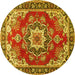 Round Machine Washable Medallion Yellow Traditional Rug, wshtr4099yw