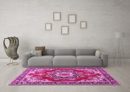 Machine Washable Medallion Pink Traditional Rug in a Living Room, wshtr4099pnk