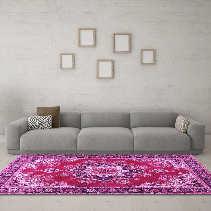 Machine Washable Medallion Pink Traditional Rug in a Living Room, wshtr4099pnk