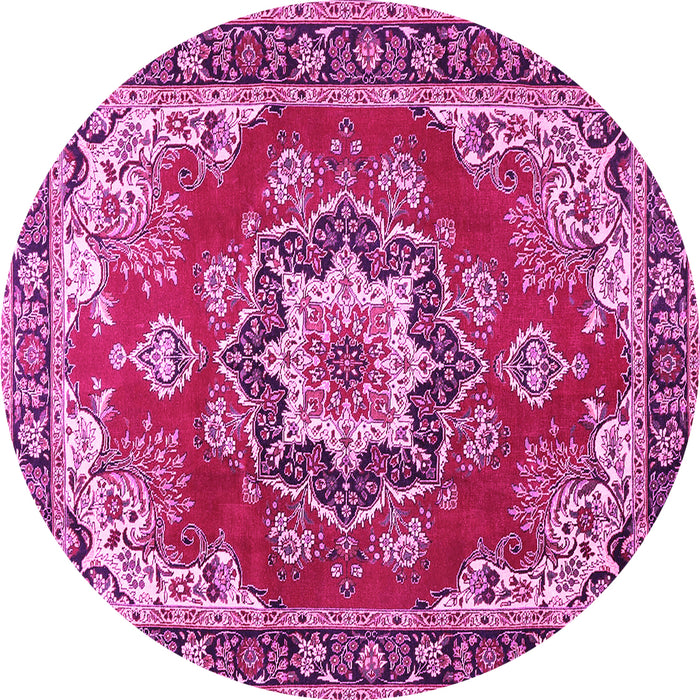 Round Machine Washable Medallion Pink Traditional Rug, wshtr4099pnk