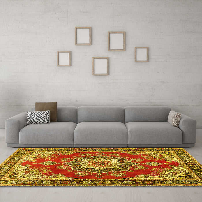 Machine Washable Medallion Yellow Traditional Rug in a Living Room, wshtr4099yw