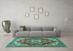 Machine Washable Medallion Turquoise Traditional Area Rugs in a Living Room,, wshtr4099turq