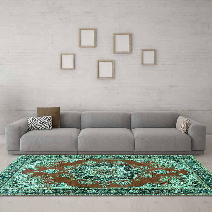 Machine Washable Medallion Turquoise Traditional Area Rugs in a Living Room,, wshtr4099turq