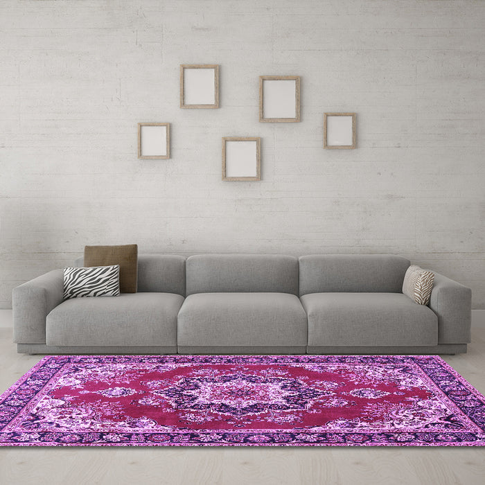Machine Washable Medallion Purple Traditional Area Rugs in a Living Room, wshtr4099pur