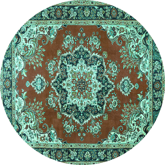 Round Machine Washable Medallion Turquoise Traditional Area Rugs, wshtr4099turq