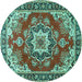 Round Machine Washable Medallion Turquoise Traditional Area Rugs, wshtr4099turq