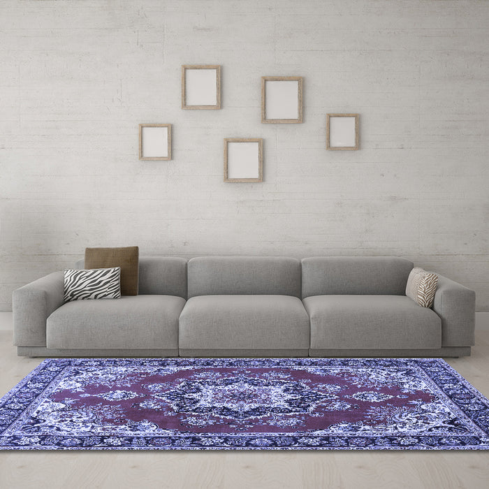 Machine Washable Medallion Blue Traditional Rug in a Living Room, wshtr4099blu