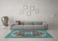 Machine Washable Medallion Light Blue Traditional Rug, wshtr4099lblu