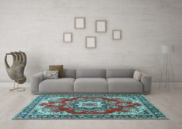 Machine Washable Medallion Light Blue Traditional Rug in a Living Room, wshtr4099lblu