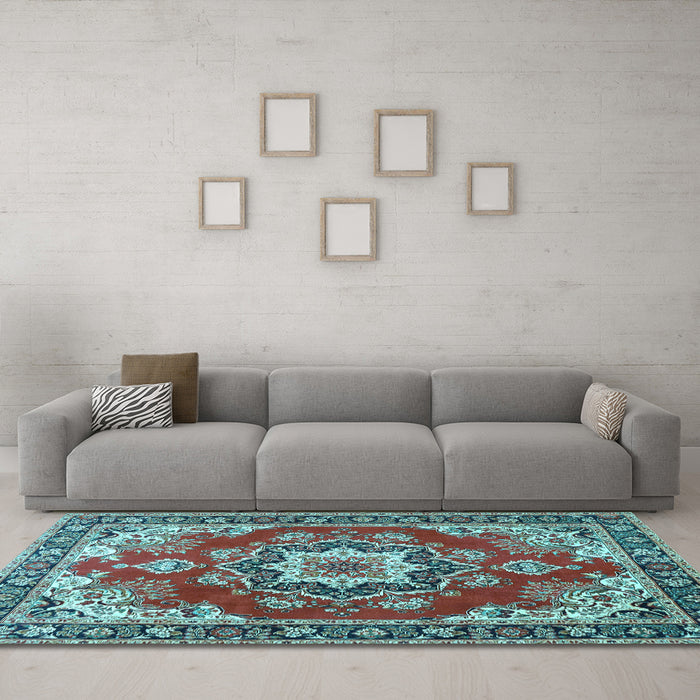Machine Washable Medallion Light Blue Traditional Rug in a Living Room, wshtr4099lblu