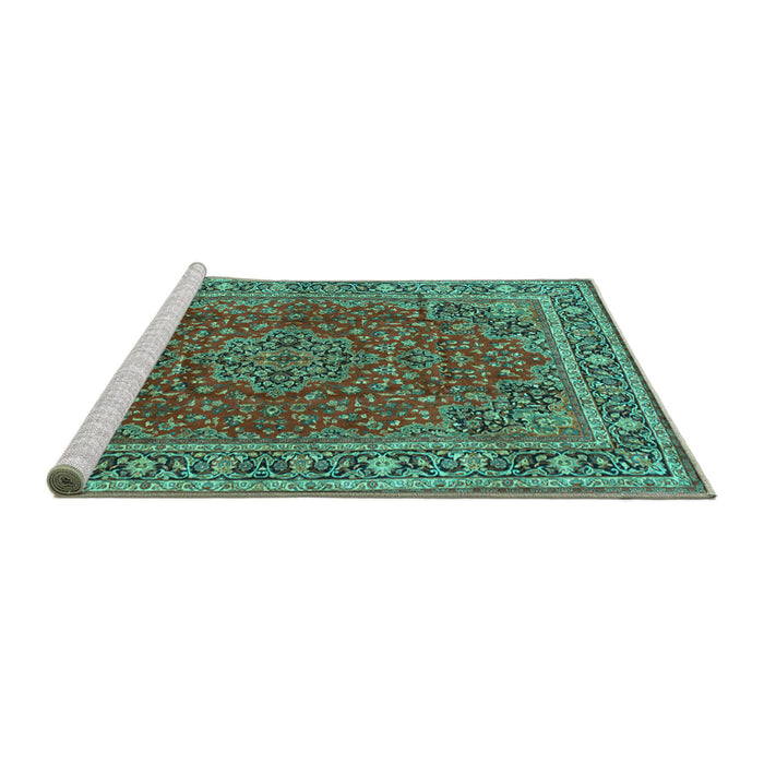 Sideview of Machine Washable Medallion Turquoise Traditional Area Rugs, wshtr40turq