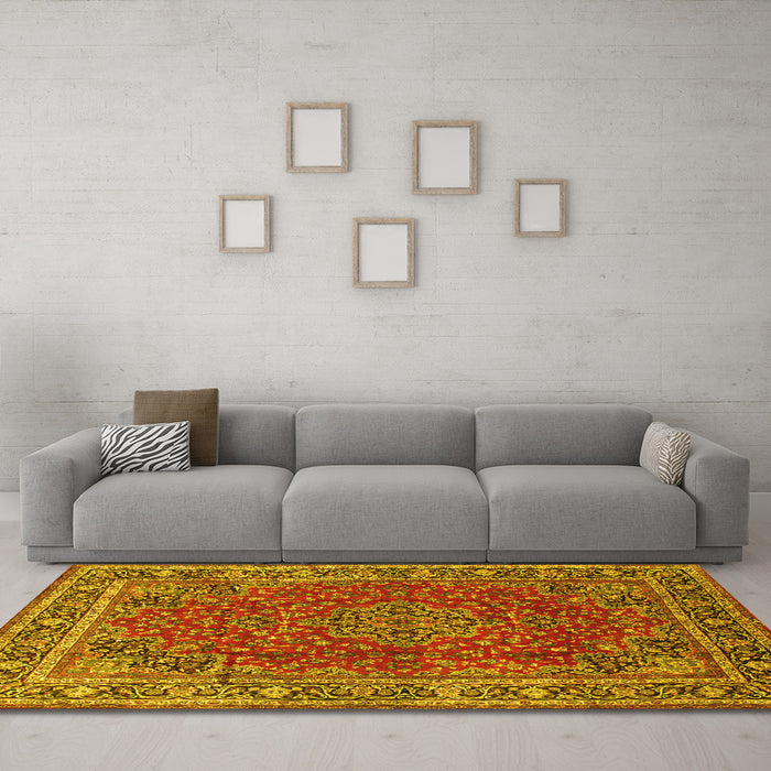 Machine Washable Medallion Yellow Traditional Rug in a Living Room, wshtr40yw