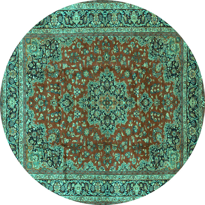 Round Machine Washable Medallion Turquoise Traditional Area Rugs, wshtr40turq
