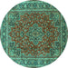 Round Machine Washable Medallion Turquoise Traditional Area Rugs, wshtr40turq