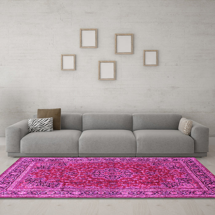 Machine Washable Medallion Pink Traditional Rug in a Living Room, wshtr40pnk