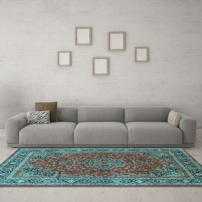Machine Washable Medallion Light Blue Traditional Rug in a Living Room, wshtr40lblu