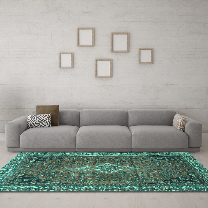 Machine Washable Persian Turquoise Traditional Area Rugs in a Living Room,, wshtr4100turq