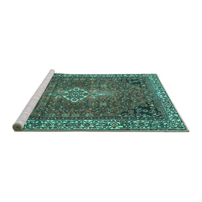 Sideview of Machine Washable Persian Turquoise Traditional Area Rugs, wshtr4100turq