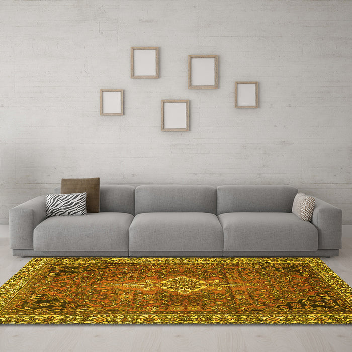 Machine Washable Persian Yellow Traditional Rug in a Living Room, wshtr4100yw