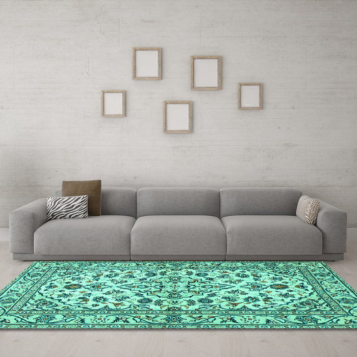 Machine Washable Persian Turquoise Traditional Area Rugs in a Living Room,, wshtr4101turq