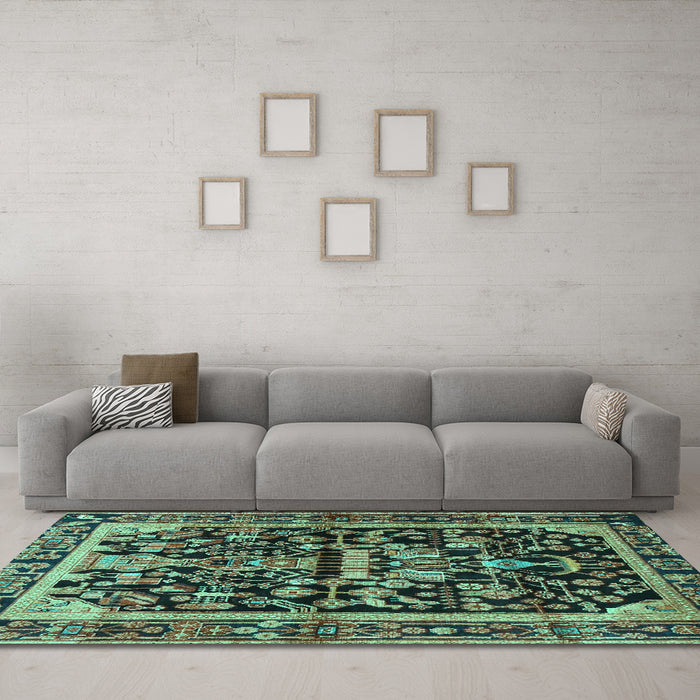 Machine Washable Persian Turquoise Traditional Area Rugs in a Living Room,, wshtr4103turq