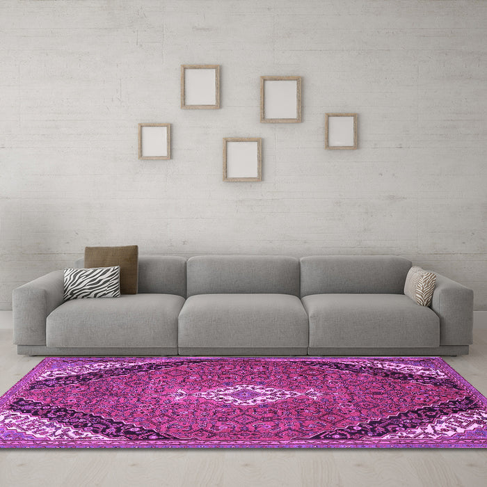 Machine Washable Medallion Purple Traditional Area Rugs in a Living Room, wshtr4104pur