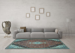 Machine Washable Medallion Light Blue Traditional Rug in a Living Room, wshtr4104lblu