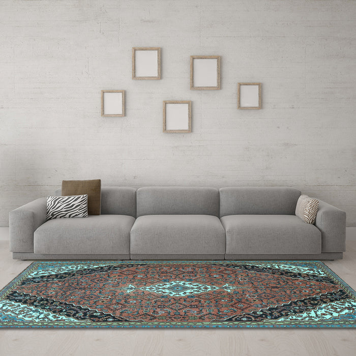 Machine Washable Medallion Light Blue Traditional Rug in a Living Room, wshtr4104lblu