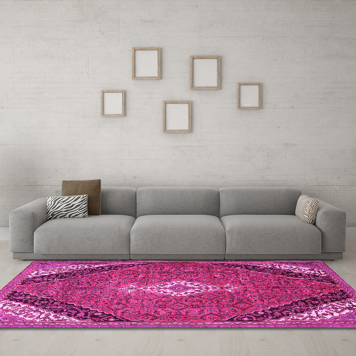 Machine Washable Medallion Pink Traditional Rug in a Living Room, wshtr4104pnk