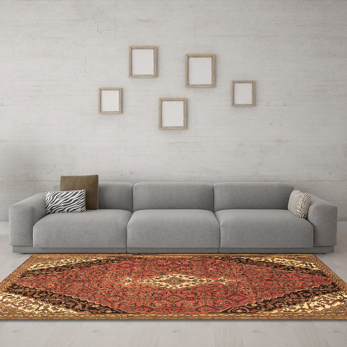 Machine Washable Medallion Brown Traditional Rug in a Living Room,, wshtr4104brn