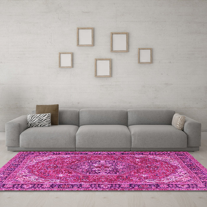 Machine Washable Medallion Pink Traditional Rug in a Living Room, wshtr4105pnk