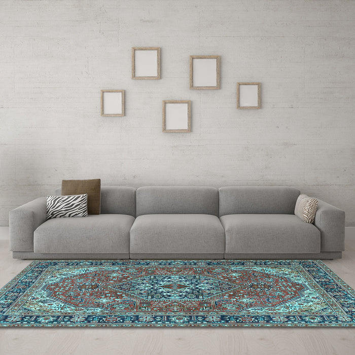 Machine Washable Medallion Light Blue Traditional Rug in a Living Room, wshtr4105lblu
