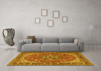 Machine Washable Medallion Yellow Traditional Rug, wshtr4105yw