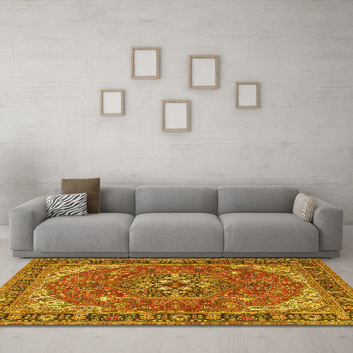 Machine Washable Medallion Yellow Traditional Rug in a Living Room, wshtr4105yw