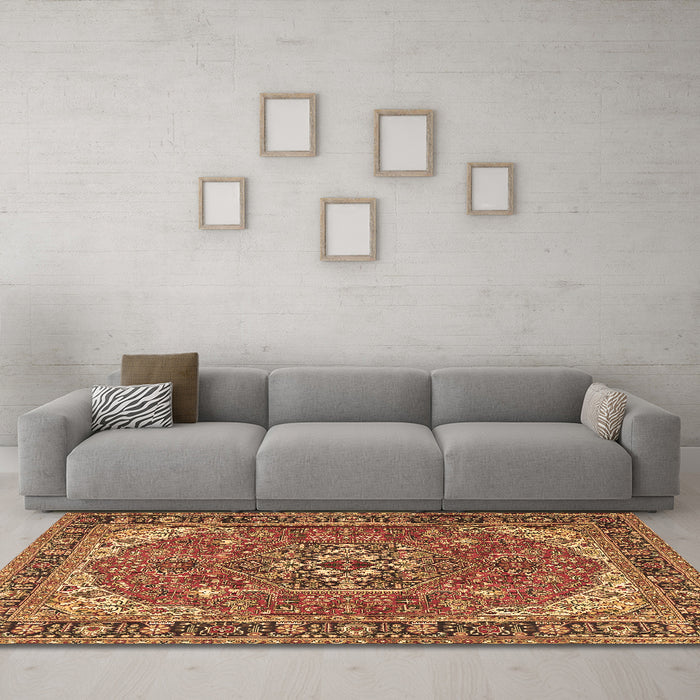 Machine Washable Medallion Brown Traditional Rug in a Living Room,, wshtr4105brn