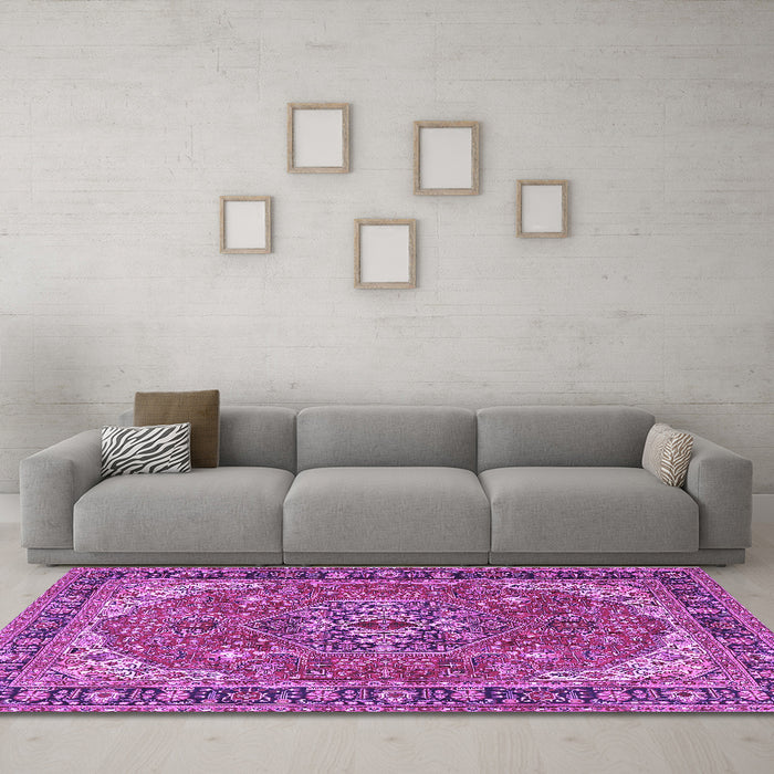 Machine Washable Medallion Purple Traditional Area Rugs in a Living Room, wshtr4105pur