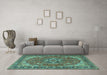 Machine Washable Medallion Turquoise Traditional Area Rugs in a Living Room,, wshtr4105turq