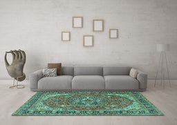 Machine Washable Medallion Turquoise Traditional Area Rugs in a Living Room,, wshtr4105turq