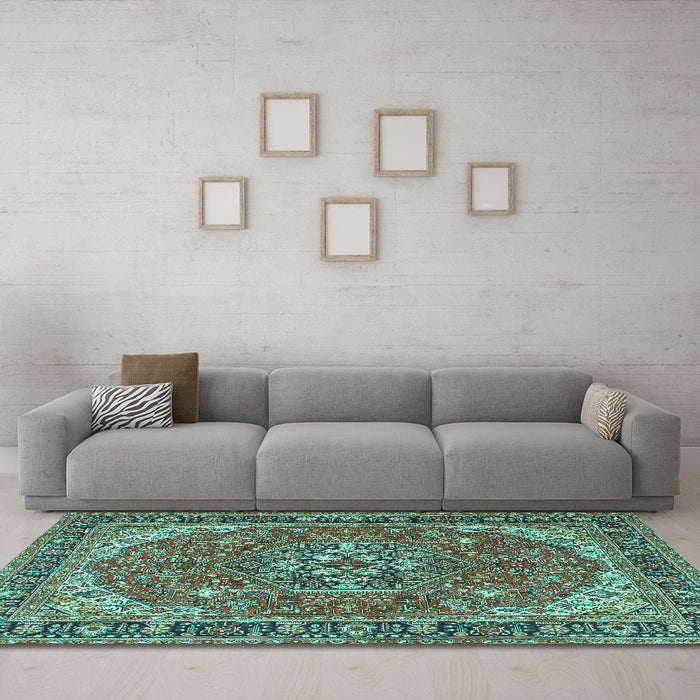Machine Washable Medallion Turquoise Traditional Area Rugs in a Living Room,, wshtr4105turq