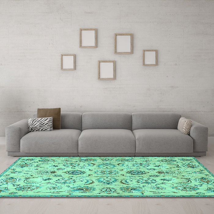 Machine Washable Persian Turquoise Traditional Area Rugs in a Living Room,, wshtr4107turq