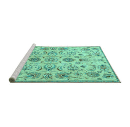 Sideview of Machine Washable Persian Turquoise Traditional Area Rugs, wshtr4107turq