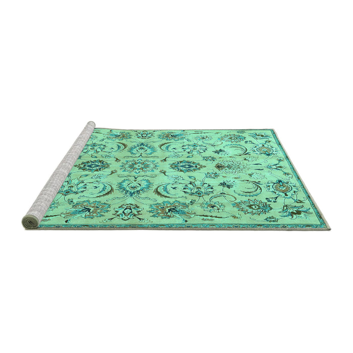 Sideview of Machine Washable Persian Turquoise Traditional Area Rugs, wshtr4107turq