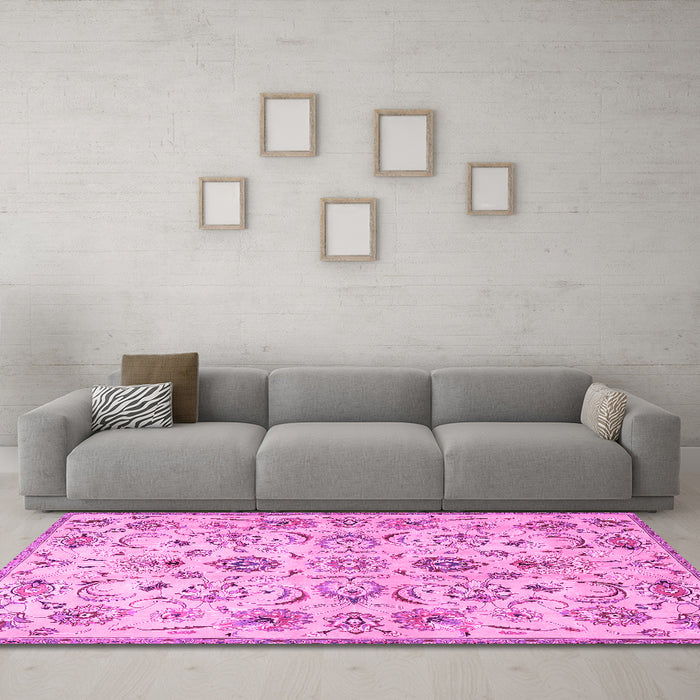 Machine Washable Persian Pink Traditional Rug in a Living Room, wshtr4107pnk