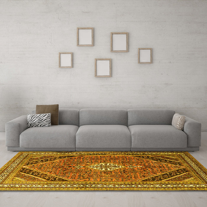Machine Washable Persian Yellow Traditional Rug in a Living Room, wshtr4108yw