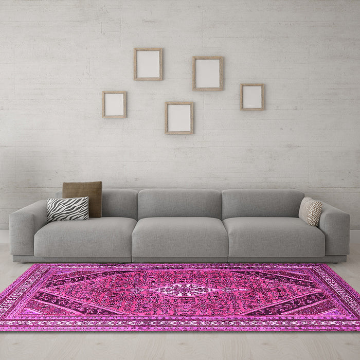 Machine Washable Persian Pink Traditional Rug in a Living Room, wshtr4108pnk