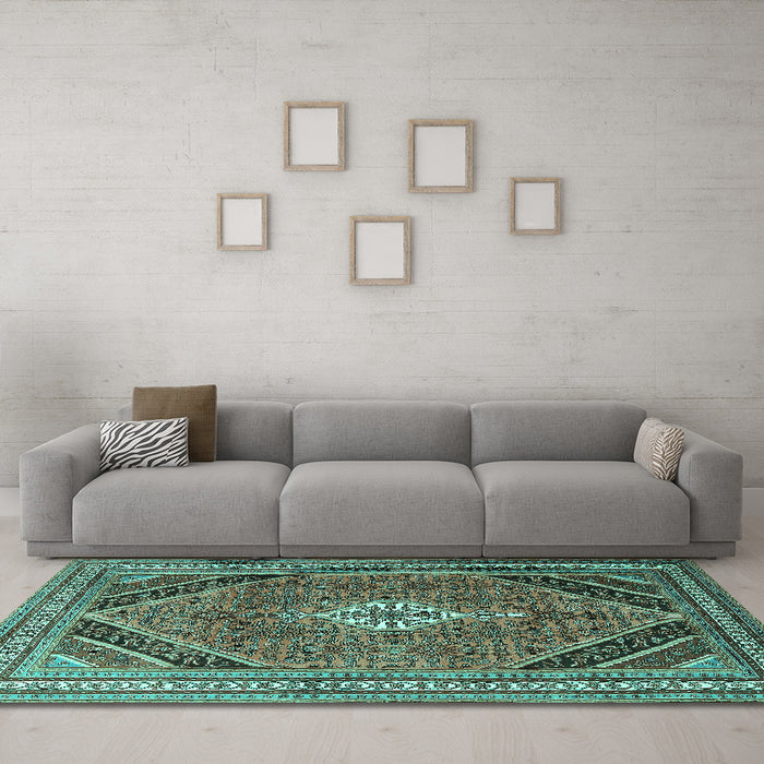 Machine Washable Persian Turquoise Traditional Area Rugs in a Living Room,, wshtr4108turq