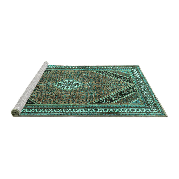 Sideview of Machine Washable Persian Turquoise Traditional Area Rugs, wshtr4108turq