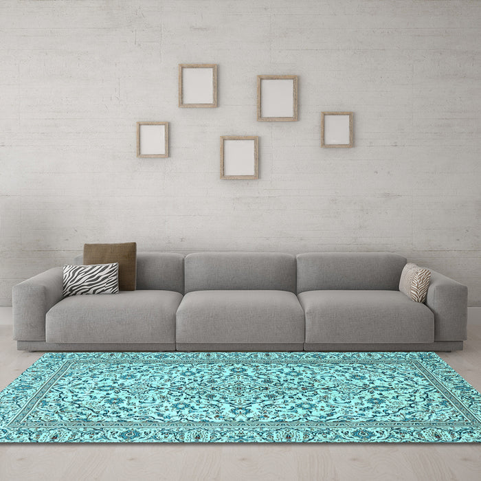 Machine Washable Persian Light Blue Traditional Rug in a Living Room, wshtr4109lblu