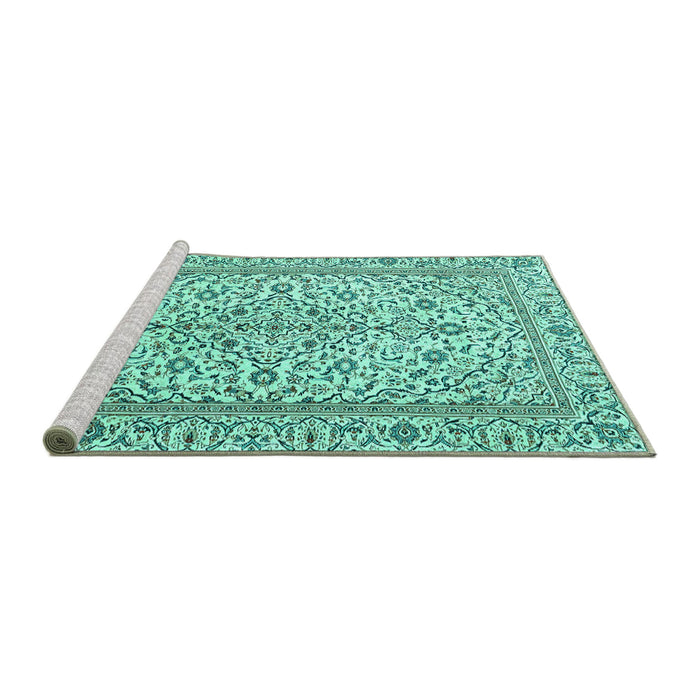 Sideview of Machine Washable Persian Turquoise Traditional Area Rugs, wshtr4109turq